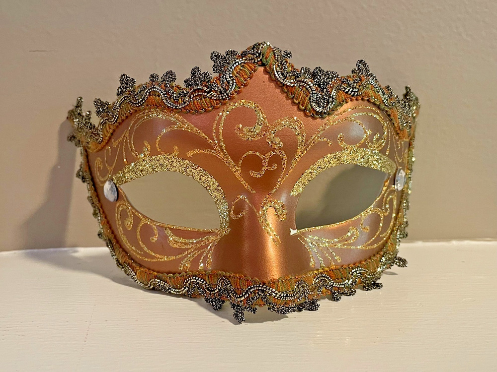 Masquerade Mask Hand Painted in Italy, Gold, Beaded, Glitter, No Ties